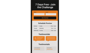 Mobile landing page layout with form, schedule preview, testimonials, and a call to action to join a free challenge
