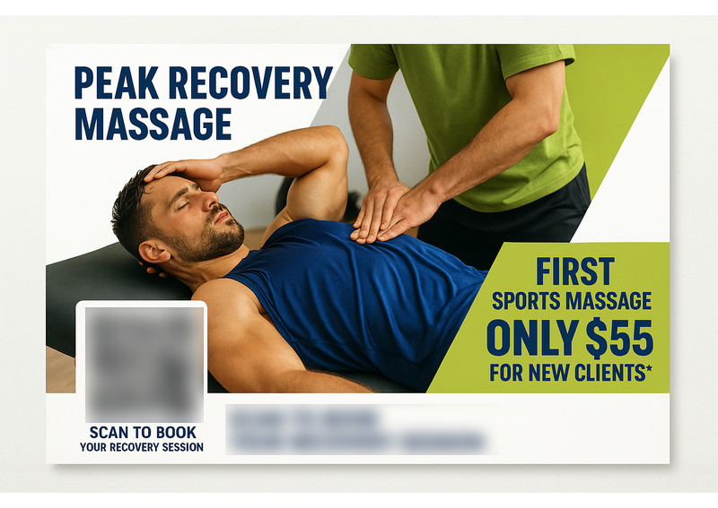 Historical direct-mail campaign artwork: Sports Massage Clinic Books Out New Client Offers with AI-Powered Postcard Campaign