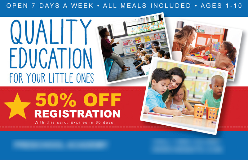 Historical direct-mail campaign artwork: Preschool Boosts Enrollment With 50% Off Registration Postcard Campaign