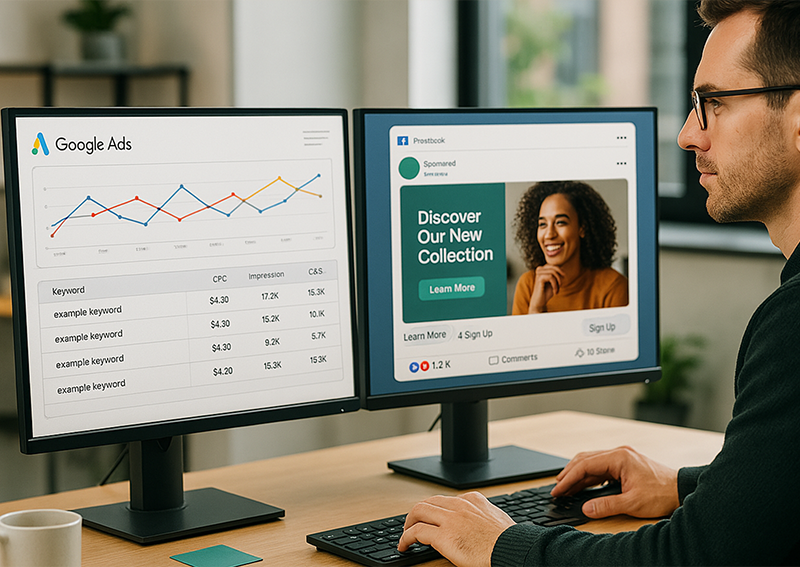 Person reviewing digital advertisements on a monitor