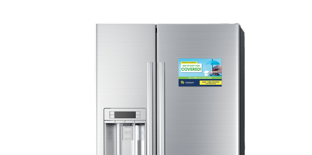 Magnetized Stick-to-It postcard promoting insurance services displayed on a stainless steel refrigerator.