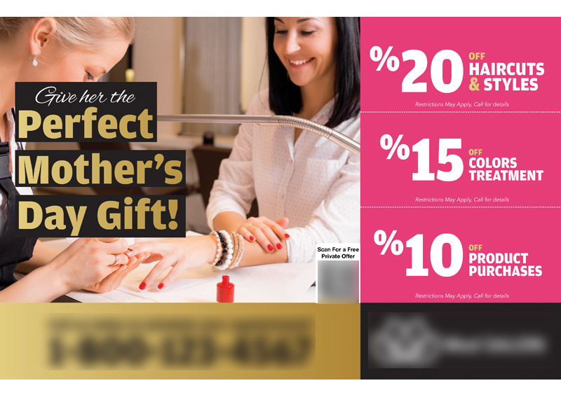 Historical direct-mail campaign artwork: Local Salon Boosts Gift Package Sales with AI-Powered Mother’s Day Postcard