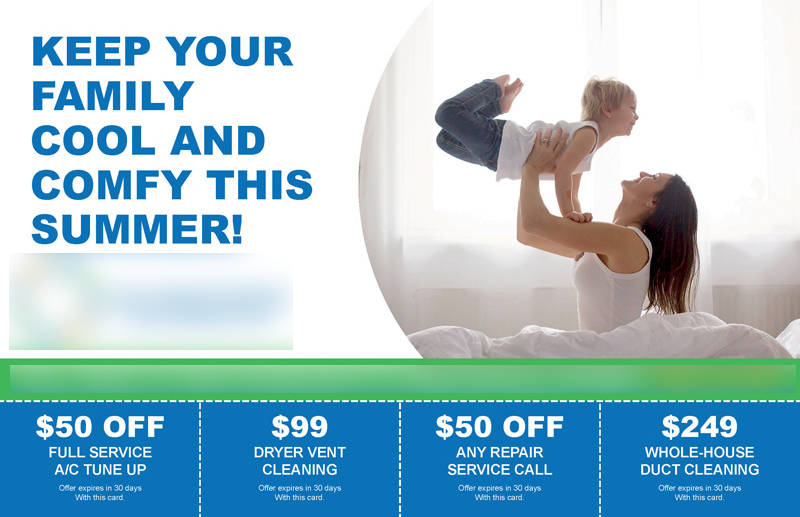 Historical direct-mail campaign artwork: HVAC Company Increases Summer Service Calls with Postcard Coupon Campaign