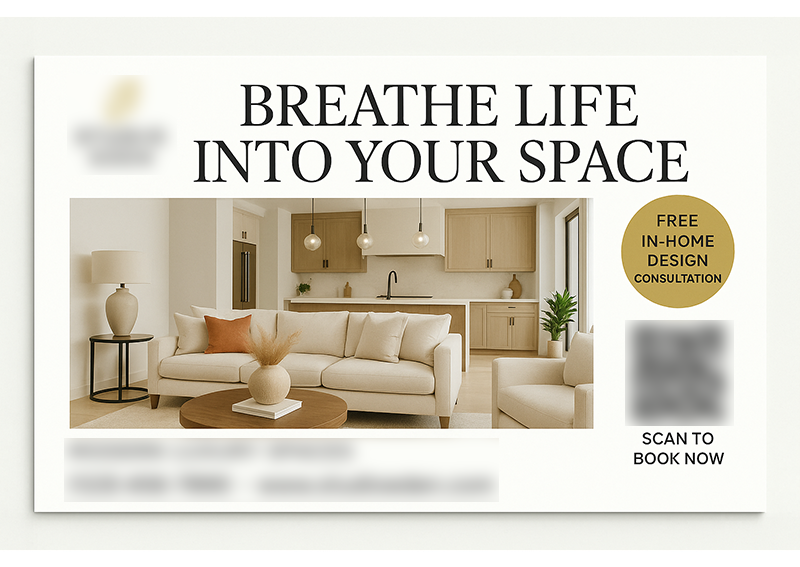 Historical direct-mail campaign artwork: Interior Design Firm Boosts Consultations with AI-Powered Postcard Campaign