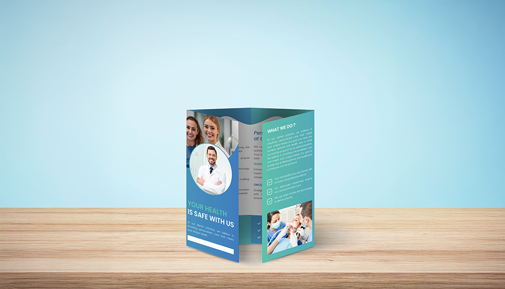 Folded healthcare brochure on a table