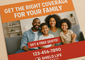 Printed jumbo postcard for family insurance coverage with smiling parents and children, 6 x 8.5 inches.