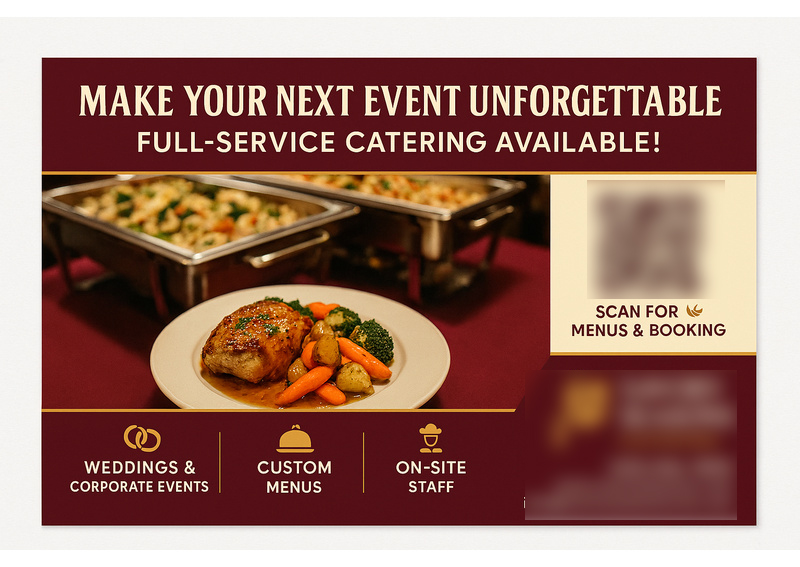 Historical direct-mail campaign artwork: Catering Company Books 17 Events With Postcard + QR Code OMNI Campaign