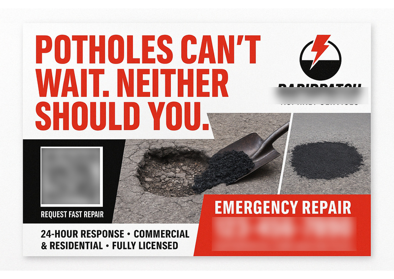 Historical direct-mail campaign artwork: Emergency Pothole Repair Company Increases Service Calls by 60% with Rapid Response Campaign