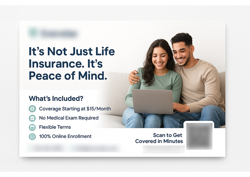 Historical direct-mail campaign artwork: Life Insurance Service Increases Leads by 40% with Targeted Postcard Campaign