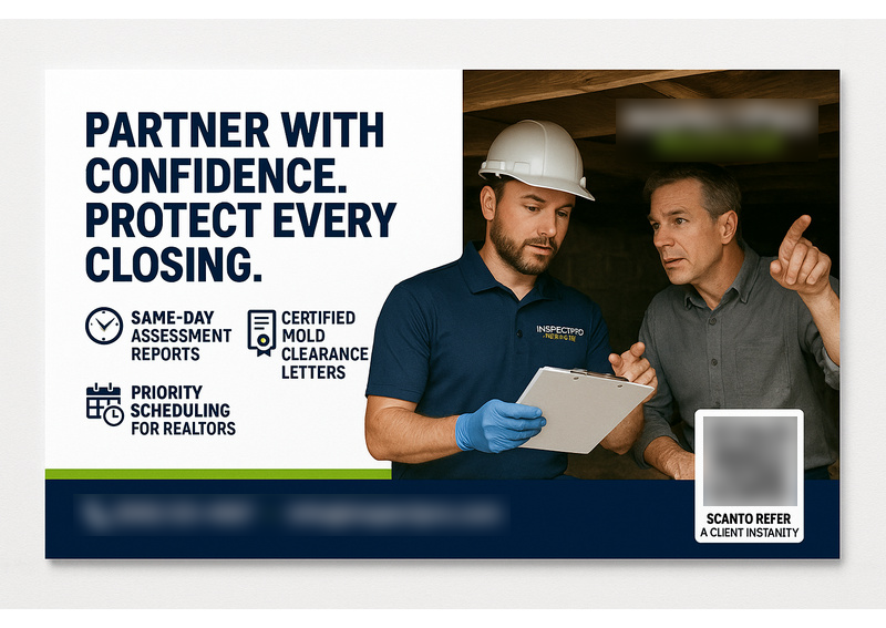 Historical direct-mail campaign artwork: Home Inspection Business Increases Realtor Referrals with Postcard + QR Code Campaign