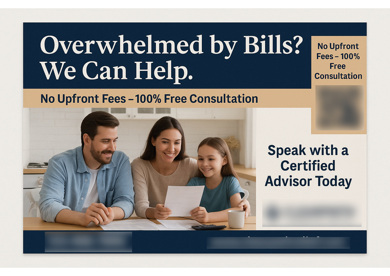 Historical direct-mail campaign artwork: Debt Relief Company Sees 30% Increase in Leads with Free Consultation Postcard Campaign