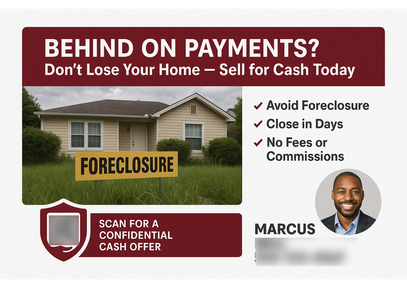 Historical direct-mail campaign artwork: Homeowner Avoids Foreclosure and Sells for Cash in 5 Days
