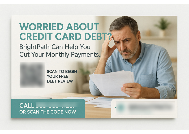 Historical direct-mail campaign artwork: Credit Card Relief Service Increases Leads 30% with Targeted Postcard & Digital Campaign