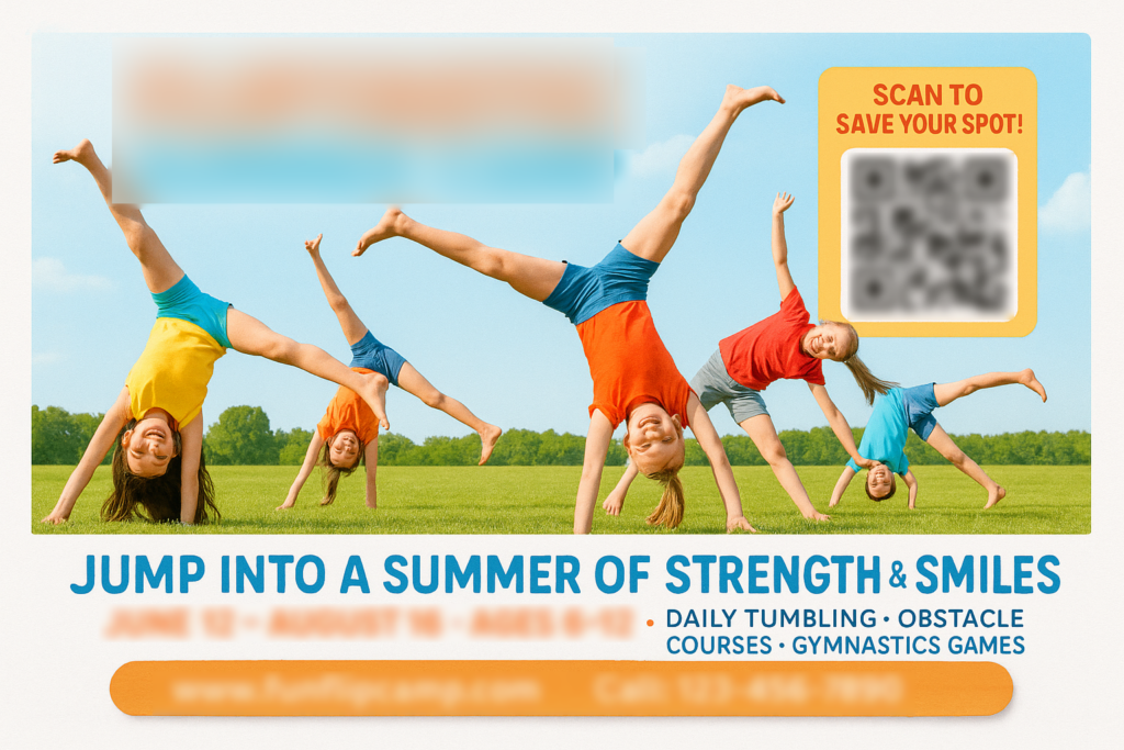 Historical direct-mail campaign artwork: Gymnastics Center Enrolls 72 Kids with AI-Powered Summer Camp Postcard