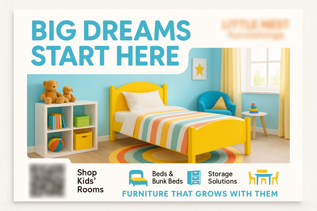 Historical direct-mail campaign artwork: Kids’ Furniture Store Boosts Sales with AI-Powered Mail + Digital Campaign