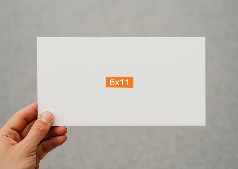 Person holding a blank 6 x 11 colossal postcard, ideal for direct mail printing and oversized promotions.