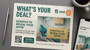 Scratch-to-reveal dental postcard with QR code and redeem button displayed next to a smartphone.