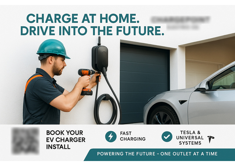 Historical direct-mail campaign artwork: 129 Installs Booked from “Charge at Home” Postcard Campaign
