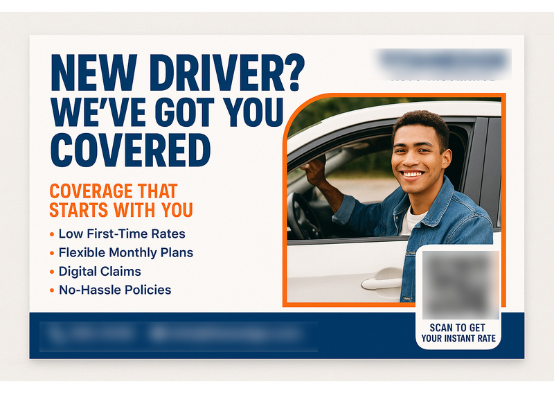 Historical direct-mail campaign artwork: New Driver Insurance Campaign Increases Sign-Ups by 40% with Targeted Postcard