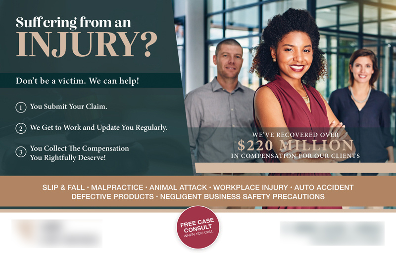 Historical direct-mail campaign artwork: Personal Injury Firm Attracts 48 New Clients with “Free Consultation” Campaign