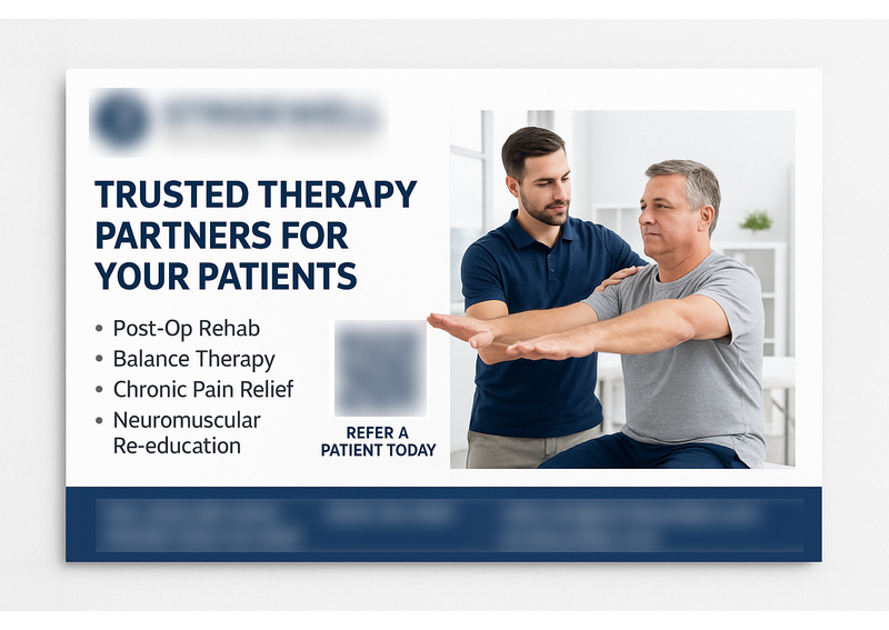 Historical direct-mail campaign artwork: PT Clinic Boosts Referrals with Physician-Focused Direct Mail and Ad Campaign