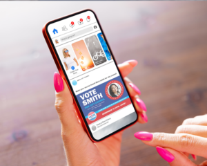 Voter viewing a political campaign ad for Vote Smith on a smartphone via Facebook.