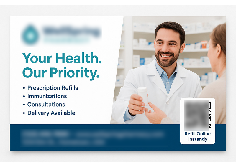 Historical direct-mail campaign artwork: Local Pharmacy Gains 240+ Prescription Refills with AI-Powered Postcard Campaign