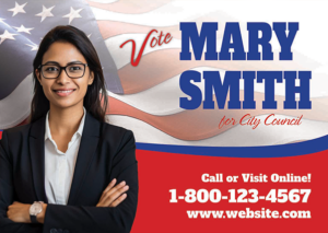 Patriotic postcard featuring a female political candidate with American flag background and contact details.