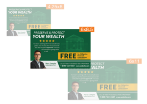 Printed jumbo postcard for financial advisor services, 6 x 8.5 inches, promoting a free consultation.