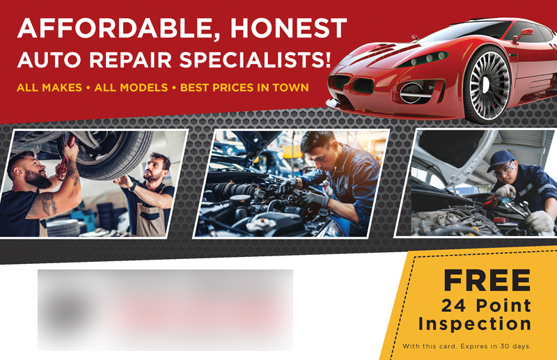Historical direct-mail campaign artwork: Auto Shop Drives $19K in Revenue with Free 24 Point Inspection Postcard