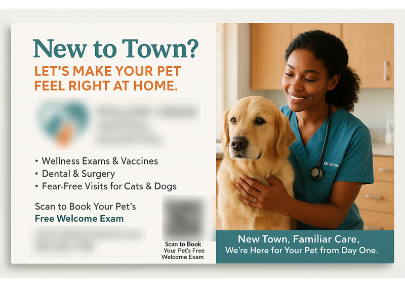 Historical direct-mail campaign artwork: Vet Clinic Gains 141 New Patients with “Free Welcome Exam” Postcard