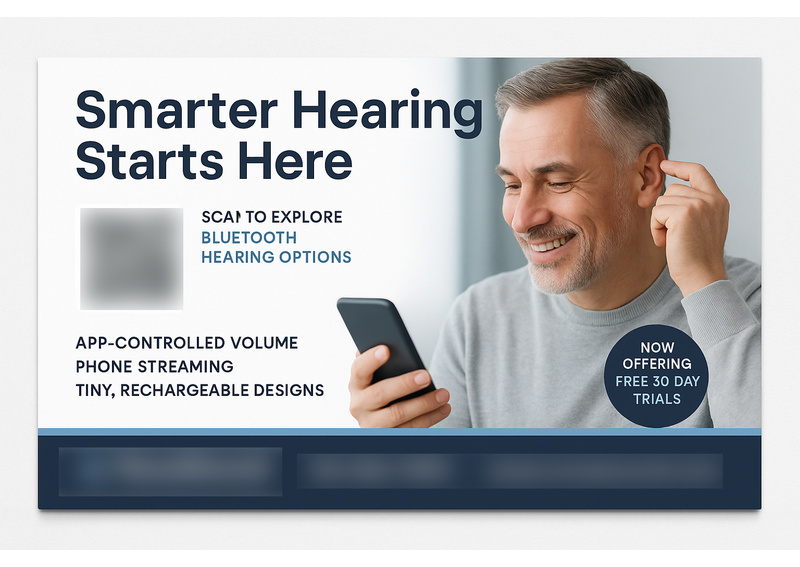 Historical direct-mail campaign artwork: Clinic Schedules 114 Trials with Smart Hearing Postcard Campaign