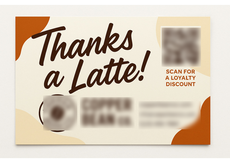 Historical direct-mail campaign artwork: Coffee Shop Boosts Repeat Customers with Thank-You Postcard + QR Code