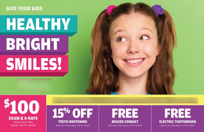 Historical direct-mail campaign artwork: Pediatric Dental Office Increases Exams and Whitening With Family Mailer Campaign