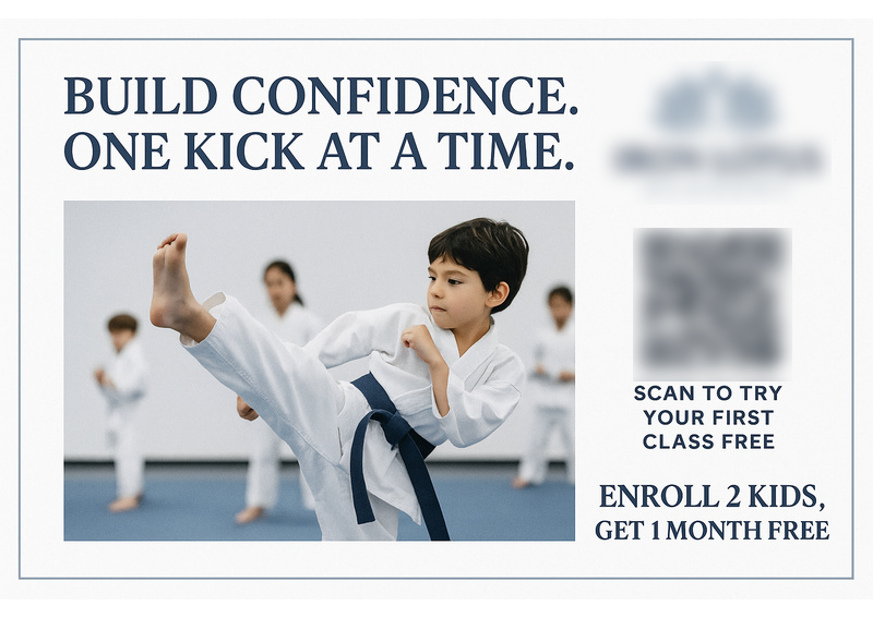 Historical direct-mail campaign artwork: Dojo Gains 94 Students with Confidence-Driven Martial Arts Postcard