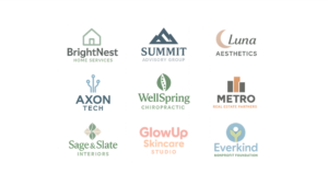 Collection of custom logos designed for a range of industries, including wellness, tech, real estate, and nonprofit.