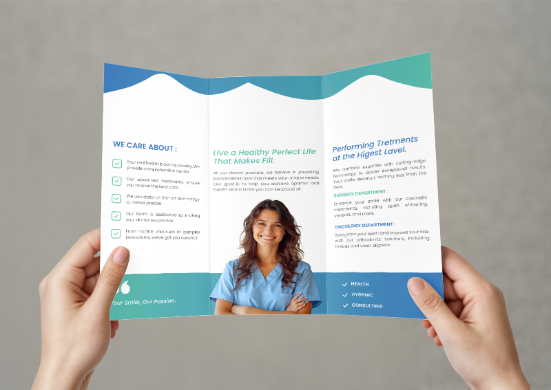Hands holding a folded healthcare brochure
