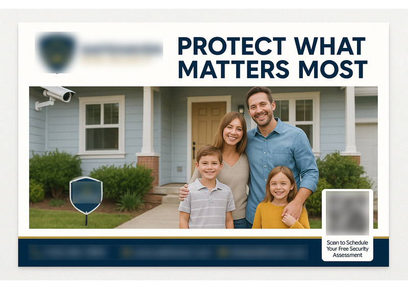 Historical direct-mail campaign artwork: Security Firm Signs 53 New Clients with Postcards + OMNI REACH Retargeting