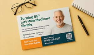 Flat-lay image of Medicare direct mail postcard with QR code, consultation CTA, and contact information.