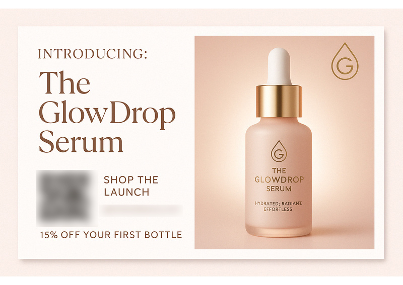 Historical direct-mail campaign artwork: GlowDrop Serum Launch Sees 25% Increase in Sales With Targeted Postcard Campaign