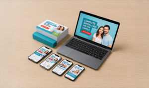 Laptop and smartphones displaying dental care ads beside printed postcards promoting family dental services