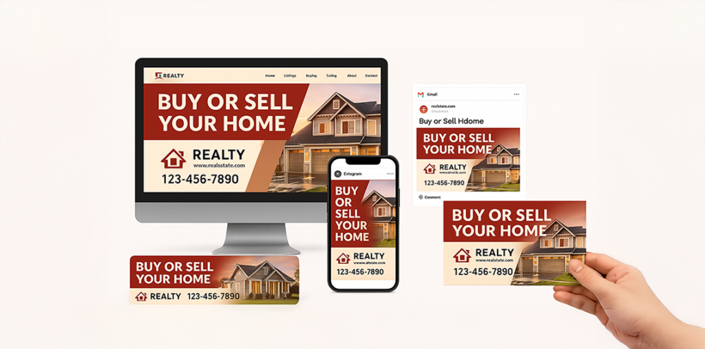 Real estate postcard and ad campaign shown across desktop, smartphone, email, and printed formats