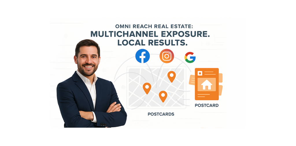Real estate agent next to a graphic showing Facebook, Instagram, Google, and postcards as part of a multichannel marketing campaign.