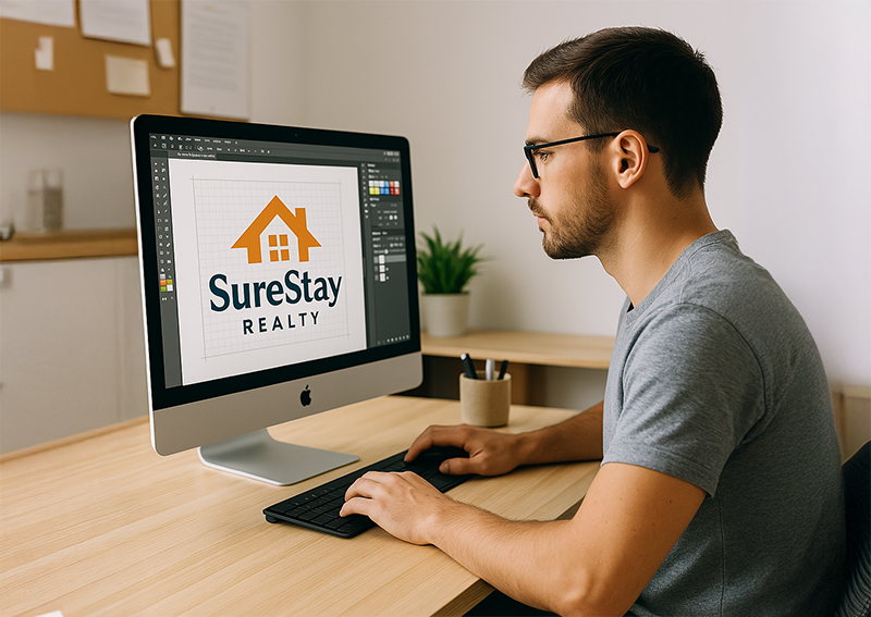 Person viewing a real-estate logo on a monitor
