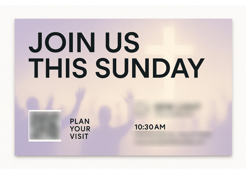 Historical direct-mail campaign artwork: Church Welcomes 106 New Guests With Minimalist Postcard + OMNI QR Funnel