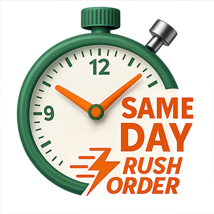 Historical same-day rush-order graphic; availability awaiting review