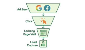Conversion funnel graphic showing ad views, clicks, landing page visits, and lead capture