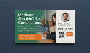 Medicare marketing postcard showing a trusted local agent advising a group of seniors.