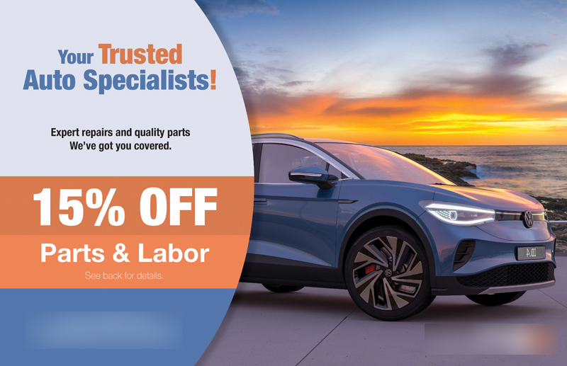 Historical direct-mail campaign artwork: 15% OFF Service Offer Drives In 34 New Appointments in 2 Weeks