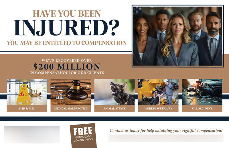 Historical direct-mail campaign artwork: Personal Injury Law Firm Adds 40+ Clients with “Entitled to Compensation” Campaign